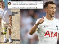 Ivan Perisic pictured on crutches after undergoing ACL surgery as Tottenham star is expected to be sidelined for ‘five to six months’ after operation in Austria… with the Croatian thanking the staff that operated on his knee