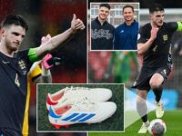 Frank Lampard presents Declan Rice with bespoke Adidas boots to mark his 50th cap against Belgium… as the Arsenal star jokes custom designs are for ‘Ballon d’Or winners’