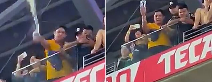 Sickening moment soccer fan peed into beer cup and splashed fans at Mexican stadium