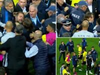 Top-flight match in Greece descends into a BRAWL after a fiery derby as police are forced to intervene and manager faces lengthy ban for grabbing someone by the neck