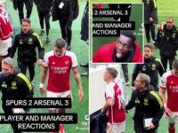 Arsenal fans can’t believe Leandro Trossard gives Spurs supporter his shirt after victory in north London derby as they praise Eddie Nketiah’s reaction to abuse