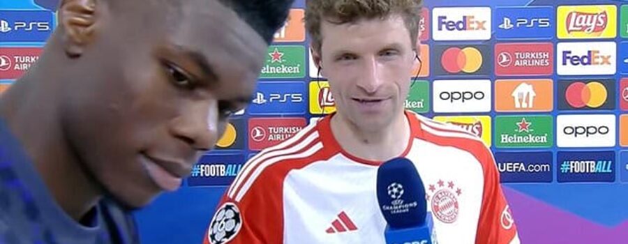 Aurelien Tchouameni gatecrashes Thomas Muller’s interview after Bayern Munich drew with Real Madrid – causing the German to joke that the Frenchman was ‘listening’ for tactical hints ahead of the second leg