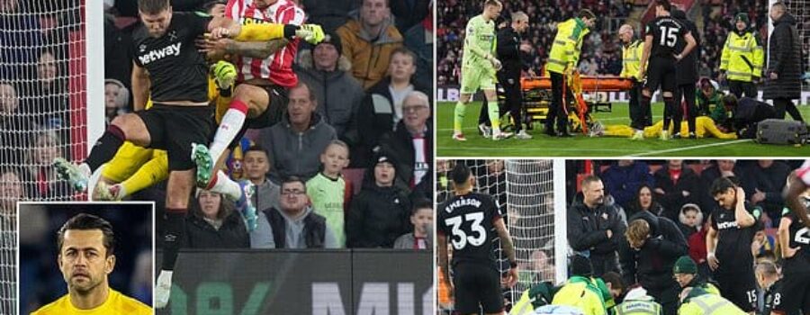 West Ham star Lukasz Fabianski carried off on a stretcher after seven-minute delay following head injury in Hammers’ clash at Southampton