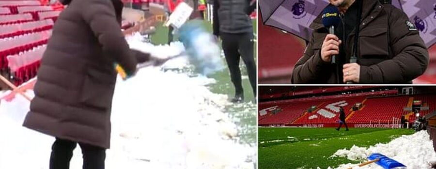 Gary’s helping hand! Neville hilariously tries to get Man United’s trip to Anfield cancelled by shovelling snow back ON the pitch amid fears of Liverpool thrashing