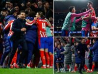 Diego Simeone sprints down the touchline to celebrate with his Atletico Madrid players after Julian Alvarez’s last-gasp Champions League winner