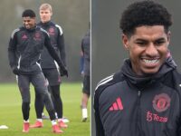 Marcus Rashford is pictured in training ahead of Manchester United’s Europa League clash with Rangers amid links to Barcelona and Borussia Dortmund