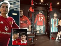 Pictured: Alejandro Garnacho’s home gym pays tribute to BOTH Cristiano Ronaldo and Lionel Messi in stunning murals… as fans claim Man United star is ‘sitting on the fence’ in GOAT debate