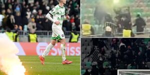 Rival Slovenian and Bosnian fans throw FLARES at each other in chaotic Conference League scenes, with match suspended for 19 minutes