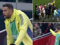 Former Liverpool captain Jordan Henderson is booked on the bench after getting involved in mass brawl as Ajax scrape through Europa League tie