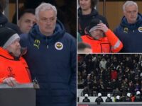 Jose Mourinho spotted awkwardly embracing Anderlecht steward during Fenerbahce’s chaotic Europa League clash in Belgium