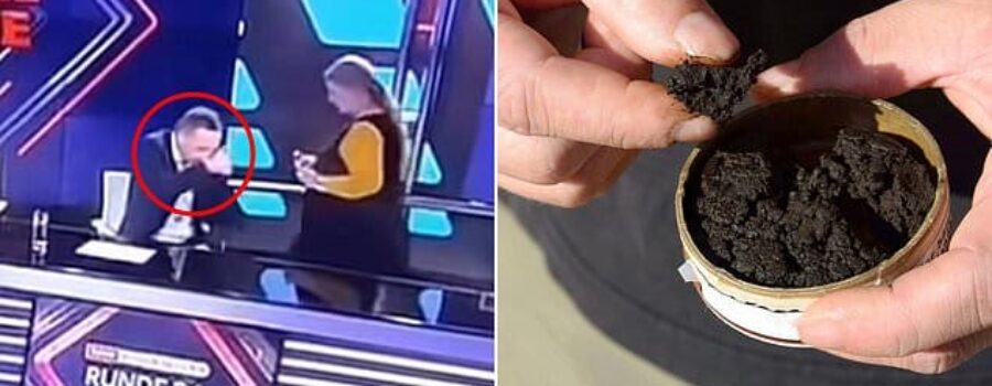 See the bizarre moment a TV sports presenter repeatedly snorts a mystery substance during a break in filming