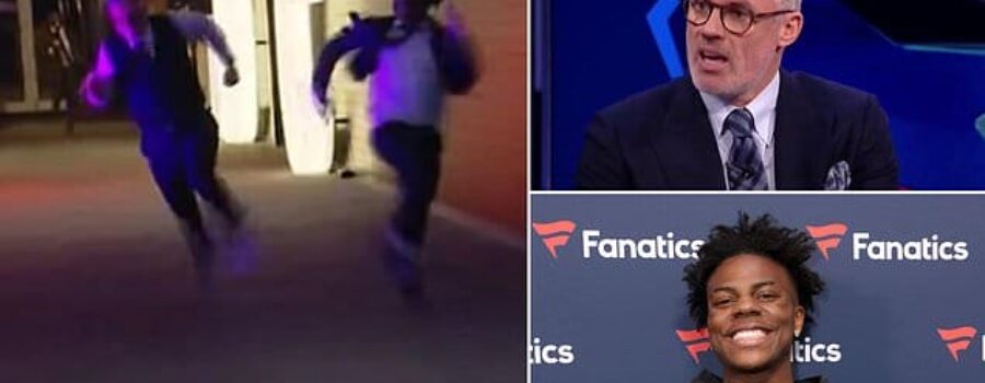 Jamie Carragher races IShowSpeed in the CBS studio – as the YouTuber splits his suit trousers and accuses the former Liverpool defender of CHEATING