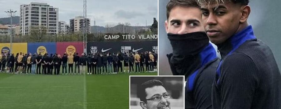 Barcelona players hold a minute’s silence before training as they pay tribute to club’s first team doctor after his death at 40