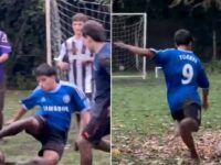 Man City legend’s son wears Chelsea kit as he shows off impressive skills while playing barefoot in the garden