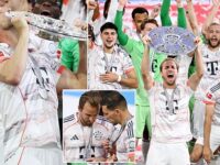 Harry Kane lifts a trophy! England captain FINALLY gets his hands on first silverware of his career with Bayern Munich after Bundesliga glory