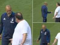 Bizarre moment Nottingham Forest owner Evangelos Marinakis marches onto the pitch to remonstrate with coach Nuno Espirito Santo as underdogs’ Champions League hopes fade after draw against Leicester
