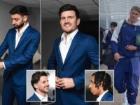 Man United suit up as they get fitted for the Europa League final in £1,000 blue Paul Smith outfits… while Tottenham fly in tracksuits
