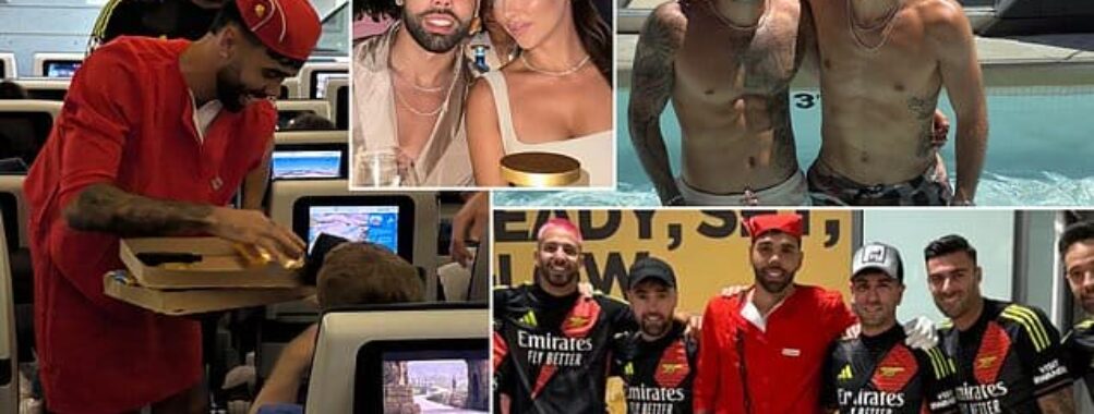 Arsenal star David Raya dresses as an air stewardess and serves passengers for his Las Vegas stag do after proposing to his model fiancee last year