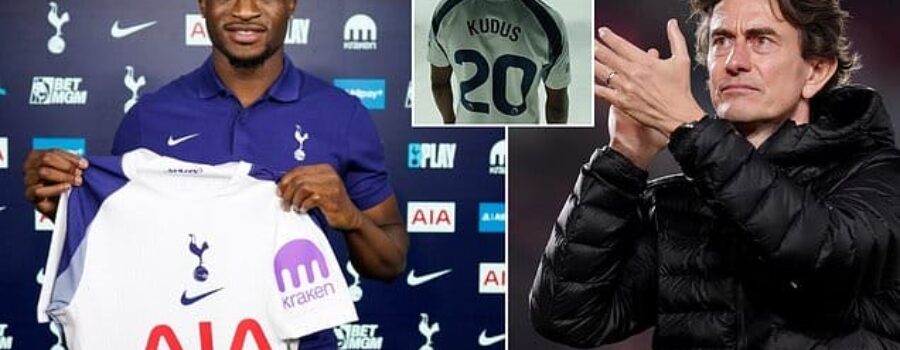 Tottenham confirm £55m signing of Mohammed Kudus from rivals West Ham as forward becomes Thomas Frank’s first major signing