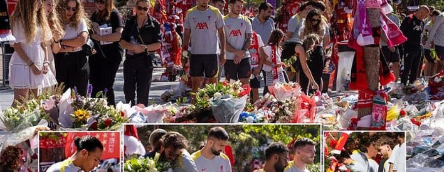 Diogo Jota’s wife visits Anfield to see fans’ incredible tributes to Liverpool star – as club announces it will permanently retire No 20 shirt