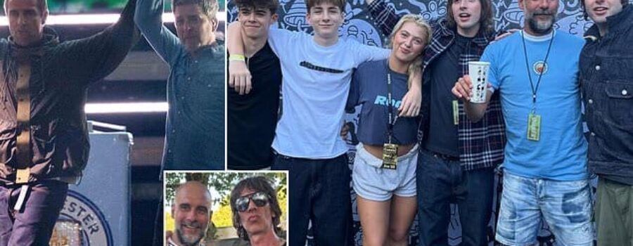 Pep Guardiola parties with the Gallagher family backstage before Oasis comeback gig – as he rocks a retro Man City shirt