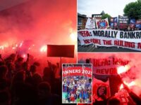 Crystal Palace fans gather at Selhurst Park to fiercely protest against UEFA’s decision to kick them out of the Europa League