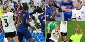 Germany star is sent off after giving away a penalty for brutally pulling a France player’s HAIR during Euro 2025 quarter-final in bizarre incident – but her team-mates bail her out with a win