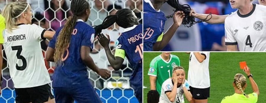 Germany star is sent off after giving away a penalty for brutally pulling a France player’s HAIR during Euro 2025 quarter-final in bizarre incident – but her team-mates bail her out with a win