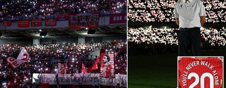 Liverpool stage touching tribute to Diogo Jota and his brother as Reds legend lays flowers ahead of friendly in Japan – with stadium lit up by fans in stunning red and white display