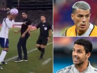 Astonishing moment Mikel Arteta is PUSHED back by Tottenham star Pedro Porro during pre-season friendly in Hong Kong – as fans label Arsenal boss the most unlikeable man in football’